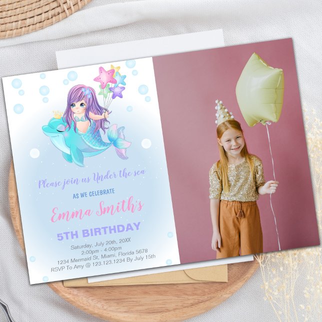 Invitations d'anniversaire de sirène avec dauphin  (Mermaid Birthday Invitations with dolphin w photo)