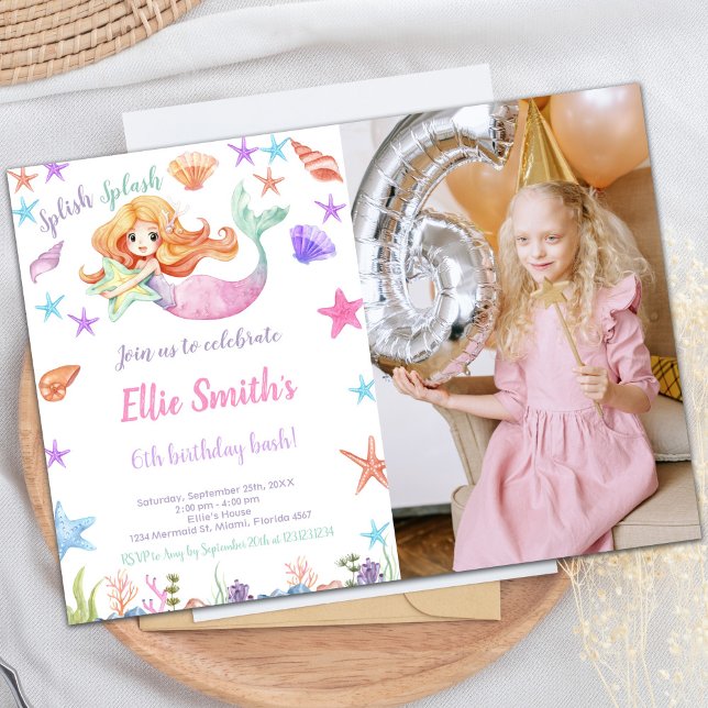 Invitations d'anniversaire de sirène personnalisab (Pink Under the sea Mermaid Cards with photo)