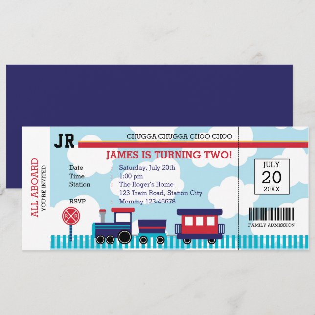 Invitations d'anniversaire de train (bleu et rouge (Devant / Derrière)