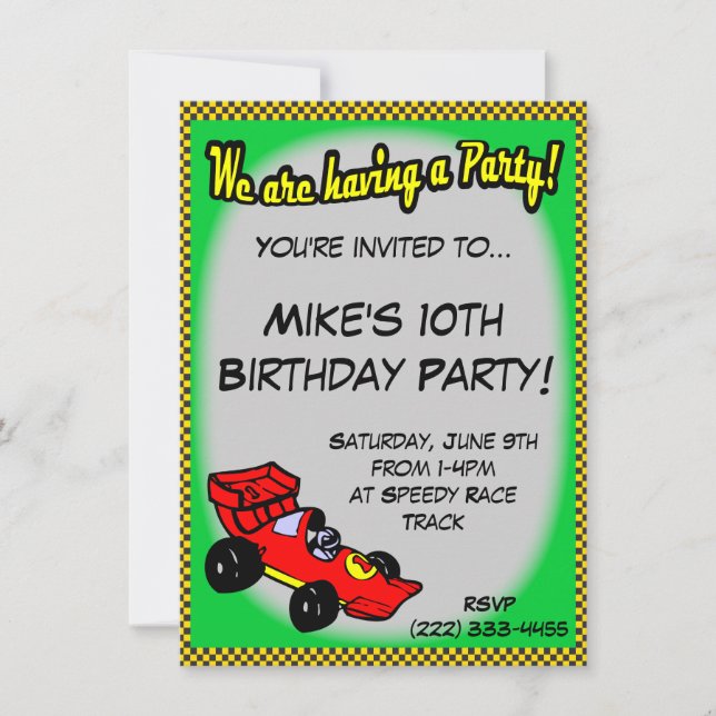 Invitations d'anniversaire de voiture de course (Devant)