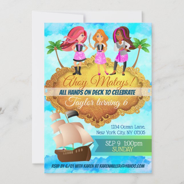 Invitations d'anniversaire des filles pirates (Devant)