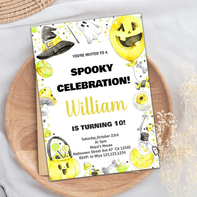 Invitations d'anniversaire d'Halloween vert jaune (Yellow Green Halloween Birthday Invitations)