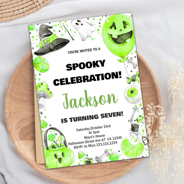 Invitations d'anniversaire d'Halloween vertes (Green Halloween Birthday Invitations)