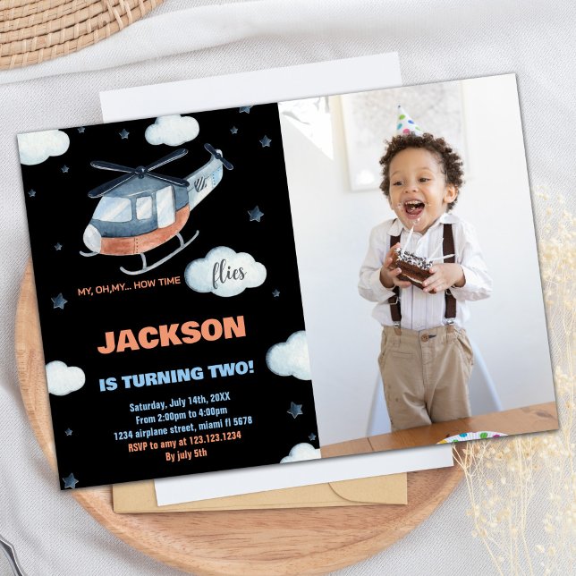 Invitations d'anniversaire d'hélicoptère Black BK  (Helicopter Birthday Invitations Black BK w photo)
