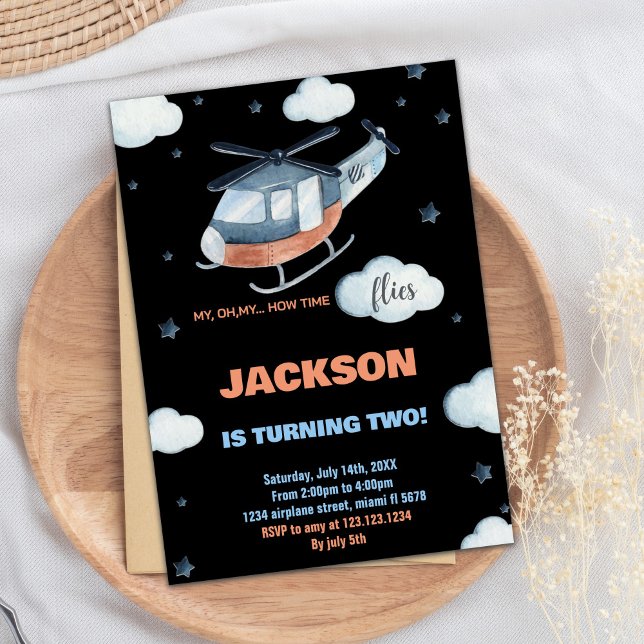 Invitations d'anniversaire d'hélicoptère Black BK (Helicopter Birthday Invitations Black BK)