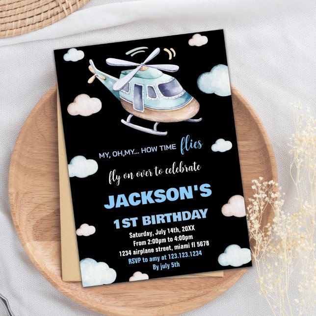 Invitations d'anniversaire d'hélicoptère gris bleu (Helicopter Birthday Invitations Gray Blue Black BK)