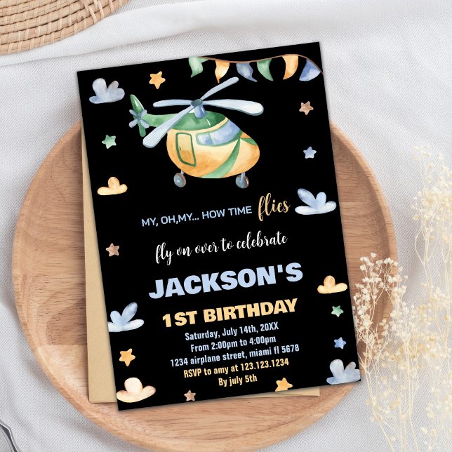 Invitations d'anniversaire d'hélicoptère gris jaun (Helicopter Birthday Invitations Yellow Gray Black)