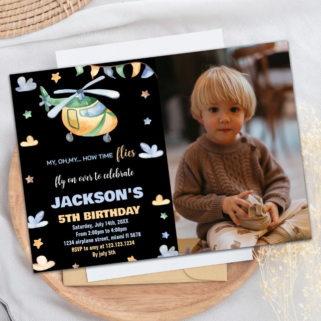 Invitations d'anniversaire d'hélicoptère noir avec (Helicopter Birthday Invitations Black with Photo)