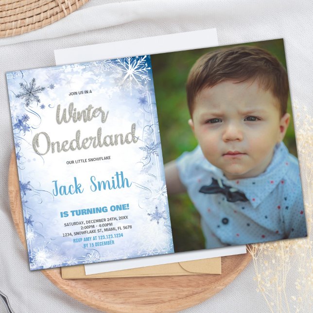 Invitations d'anniversaire d'hiver Photo d'argent  (Winter Birthday Invitations Blue Silver Photo)