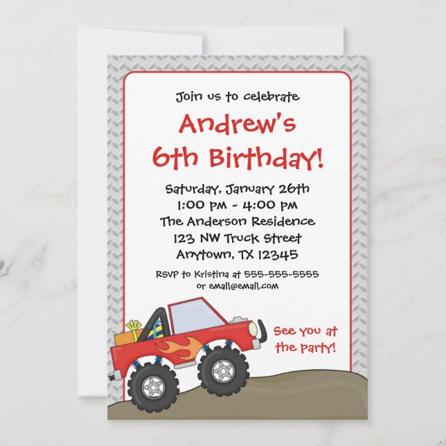 Invitations d'anniversaire du Camion Red Monster (Devant)