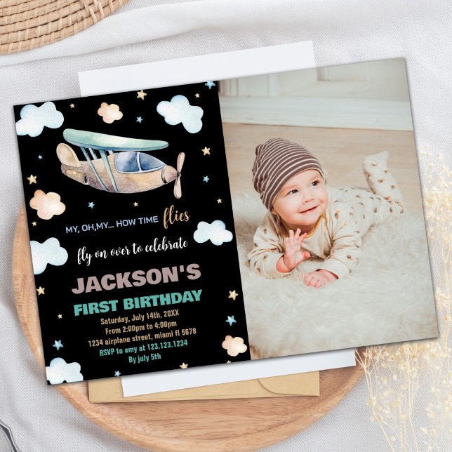 Invitations d'anniversaire du premier avion Black  (First Airplane Birthday Invitations Black w photo)