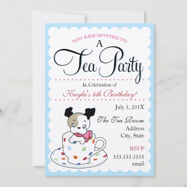 Invitations d'anniversaire du thé | de chiot (Devant)