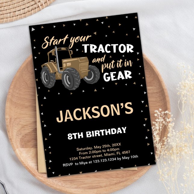 Invitations d'anniversaire du tracteur Brown noir (Black Brown Tractor Birthday Invitations)