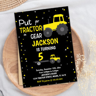 Invitations d'anniversaire du tracteur jaune noir