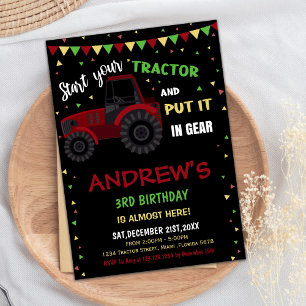 Invitations d'anniversaire du tracteur rouge noir