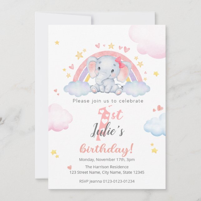Invitations d'anniversaire - Elephant avec arc-en- (Devant)