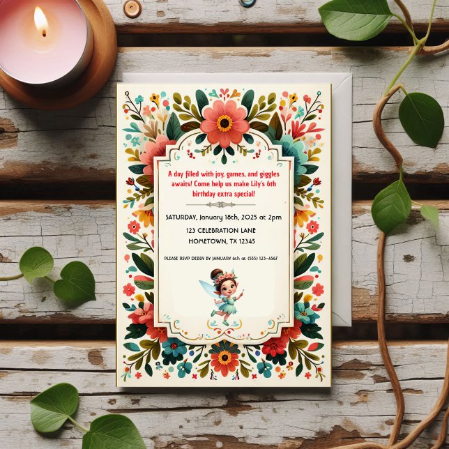 Invitations d'anniversaire florales de fées enchan (Créateur téléchargé)