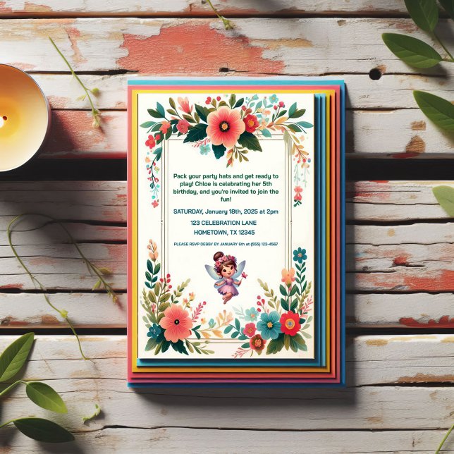 Invitations d'anniversaire florales de fées enchan (Créateur téléchargé)