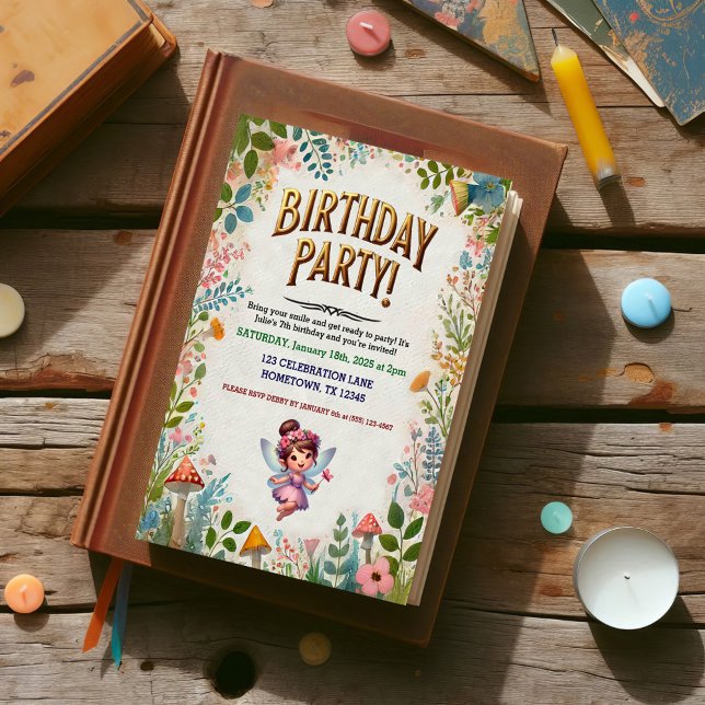 Invitations d'anniversaire florales de fées enchan (Créateur téléchargé)