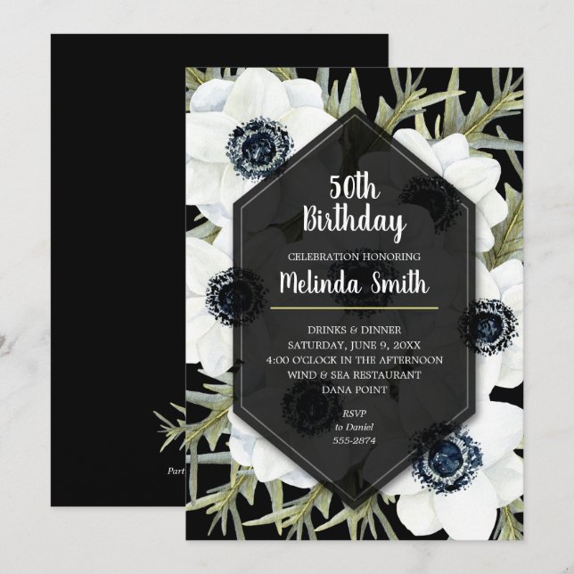 Invitations d'anniversaire florales en noir et bla (Devant / Derrière)