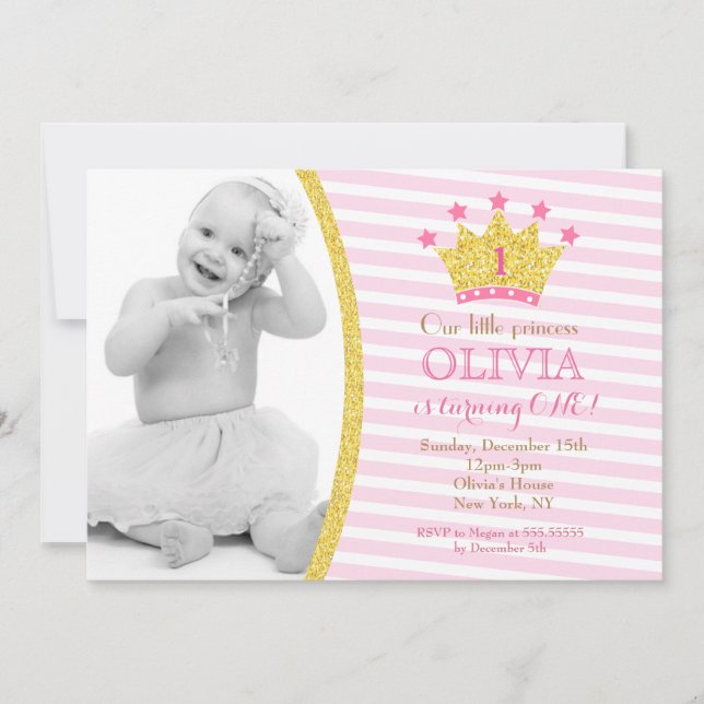 Invitations d'anniversaire Gold Pink Princess (Devant)