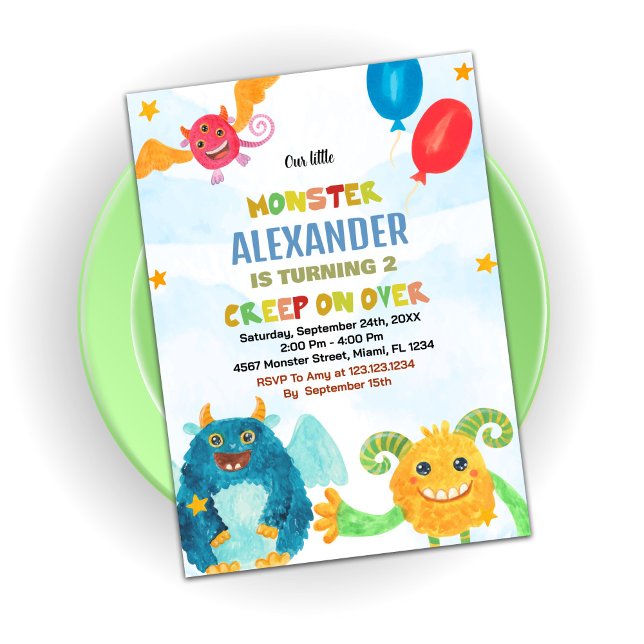 Invitations d'anniversaire Monster Aquarelles (Monster Birthday Invitations Watercolours)