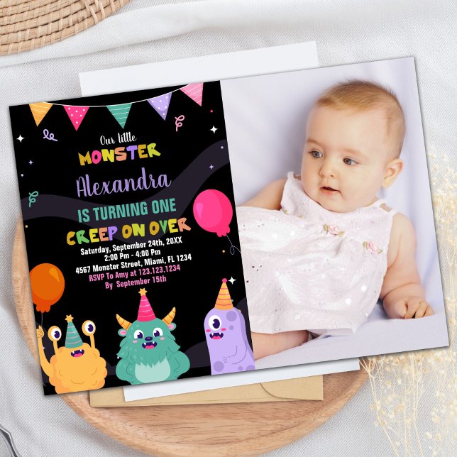 Invitations d'anniversaire Monster Ballon rose ave (Monster Birthday Invitations Pink Ballon w Photo)