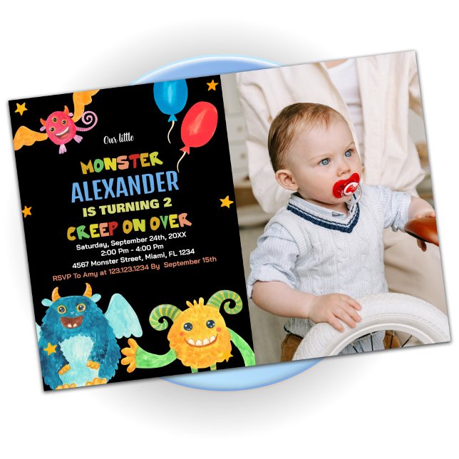 Invitations d'anniversaire Monster Black avec phot (Monster Birthday Invitations Black with photo)