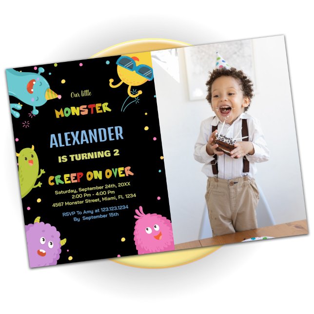 Invitations d'anniversaire Monster Black avec phot (Monster Birthday Invitations Black with photo)