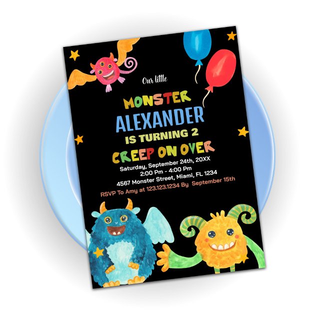 Invitations d'anniversaire Monster WaterColor Blac (Monster Birthday Invitations WaterColour Black)