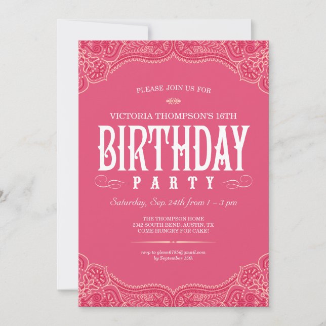 Invitations d'anniversaire Pink Paisley (Devant)