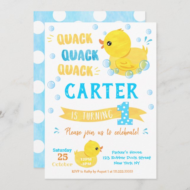Invitations d'anniversaire pour le canard en caout (Devant / Derrière)