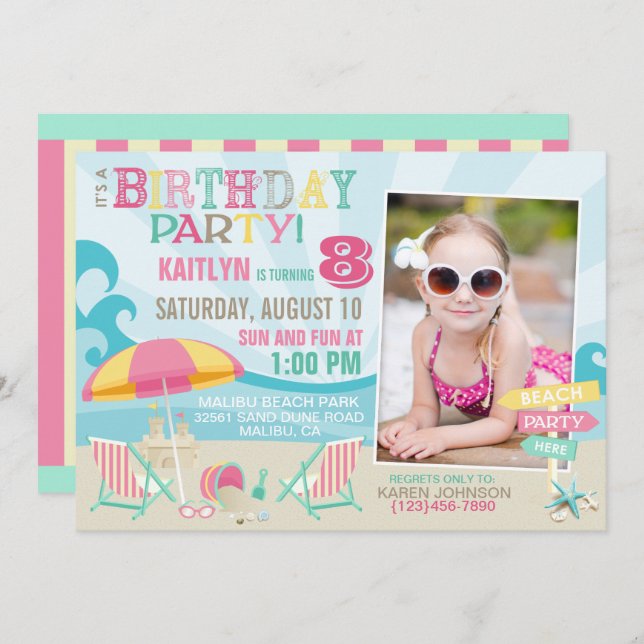 Invitations d'anniversaire pour les fêtes de plage (Devant / Derrière)