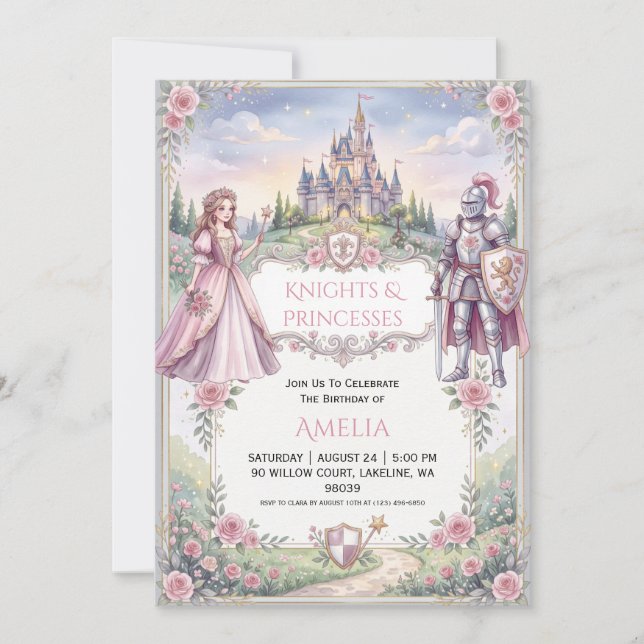 invitations d'anniversaire princesse et chevalier (Devant)
