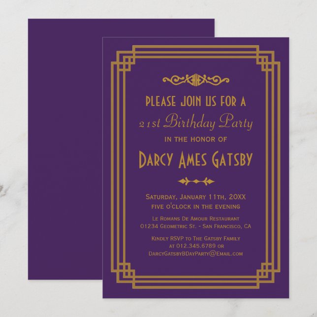 Invitations d'anniversaire simples Art déco violet (Devant / Derrière)