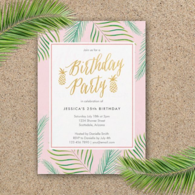 Invitations d'anniversaire Tropical Luau en rose e (Birthday Party Luau Invitation)