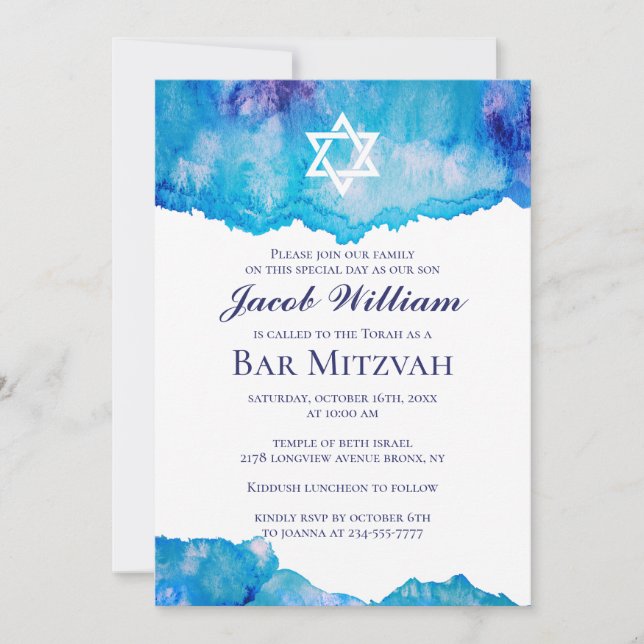 Invitations d'aquarelle bleu de bar juif Mitzvah (Devant)