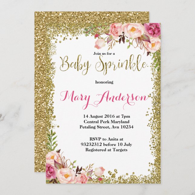 Invitations d'arrosage pour bébé rose (Devant / Derrière)
