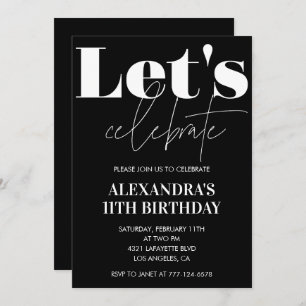 Invitations de 11e anniversaire Noir Typographie a