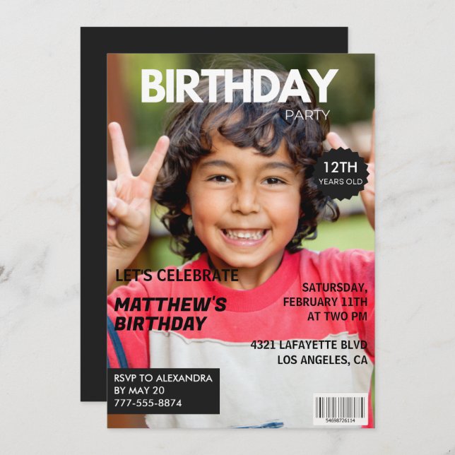 Invitations de 12e anniversaire pour lui Magazine  (Devant / Derrière)