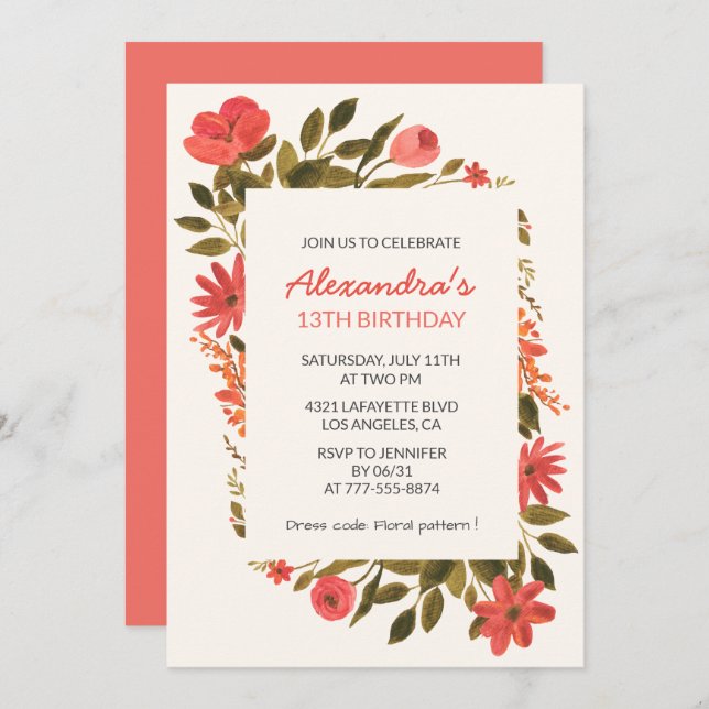 Invitations de 13e anniversaire Floral Boho Elegan (Devant / Derrière)
