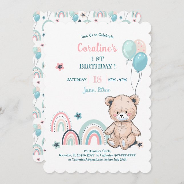Invitations de 1er anniversaire avec un ours en pe (Devant / Derrière)