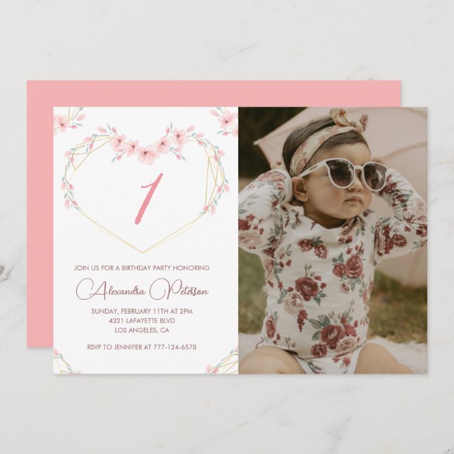 Invitations de 1er anniversaire Boho Floral Photo (Devant / Derrière)