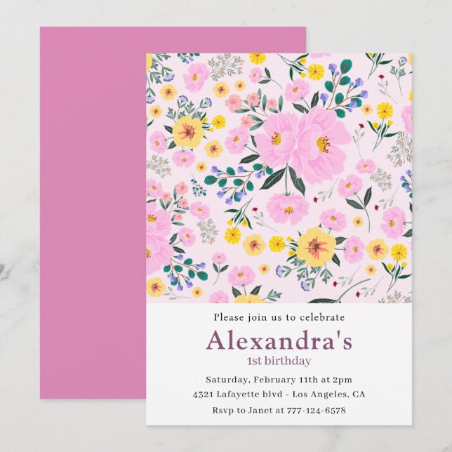 Invitations de 1er anniversaire Boho Floral Pink (Devant / Derrière)