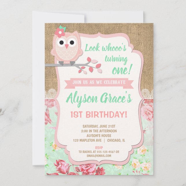 Invitations de 1er anniversaire de hibou, annivers (Devant)