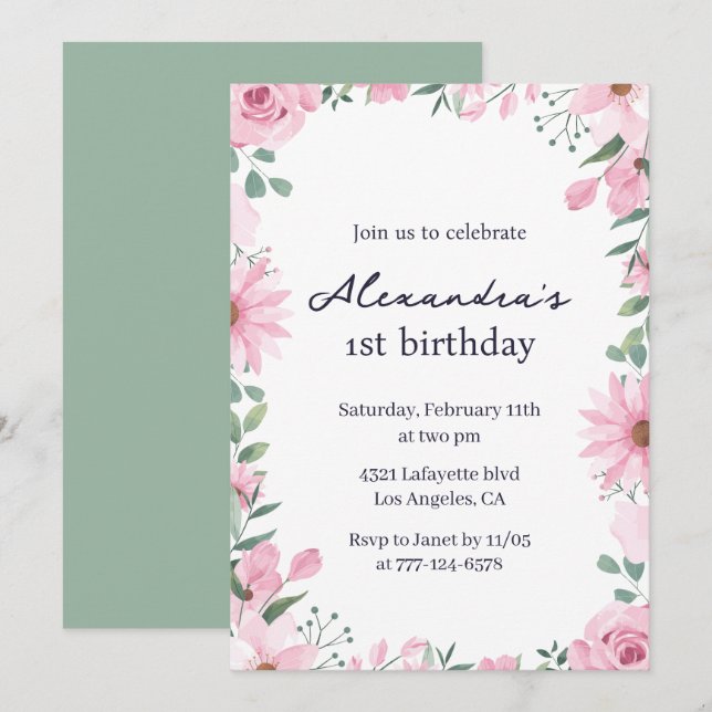 Invitations de 1er anniversaire Floral Frame Pink  (Devant / Derrière)