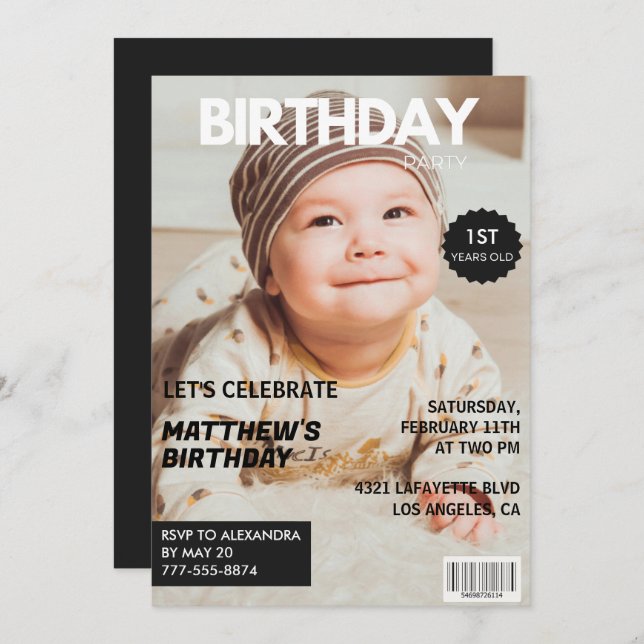 Invitations de 1er anniversaire pour lui Magazine  (Devant / Derrière)