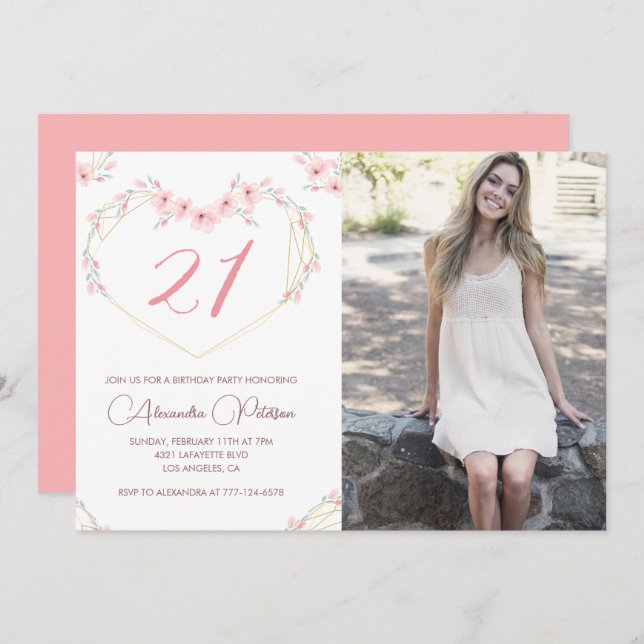 Invitations de 21e anniversaire Boho Floral Photo (Devant / Derrière)