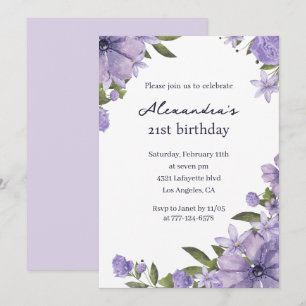 Invitations de 21e anniversaire Boho Floral Purple