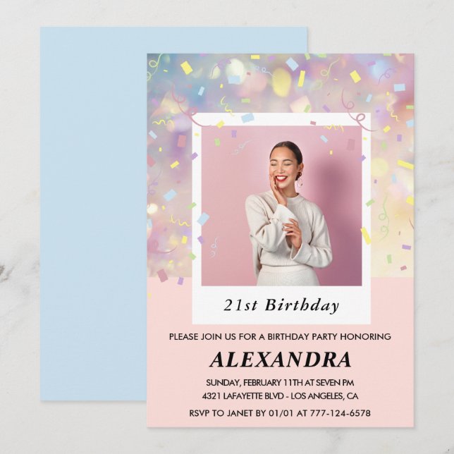Invitations de 21e anniversaire Confetti Photo Pin (Devant / Derrière)